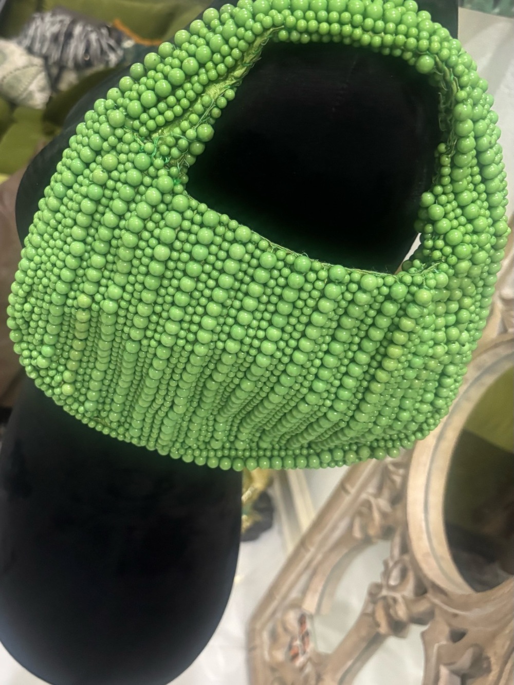 Green Beaded Fringe Top-Handle Bag